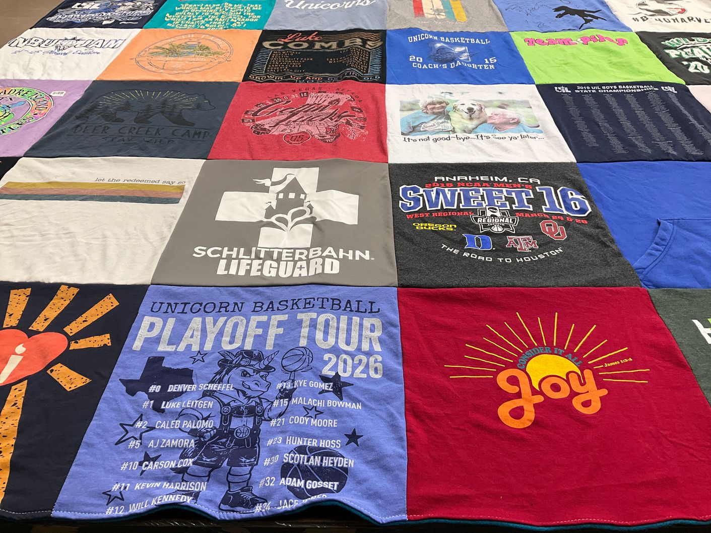 T-shirt quilt featuring unicorn basketball by Julie from TX
