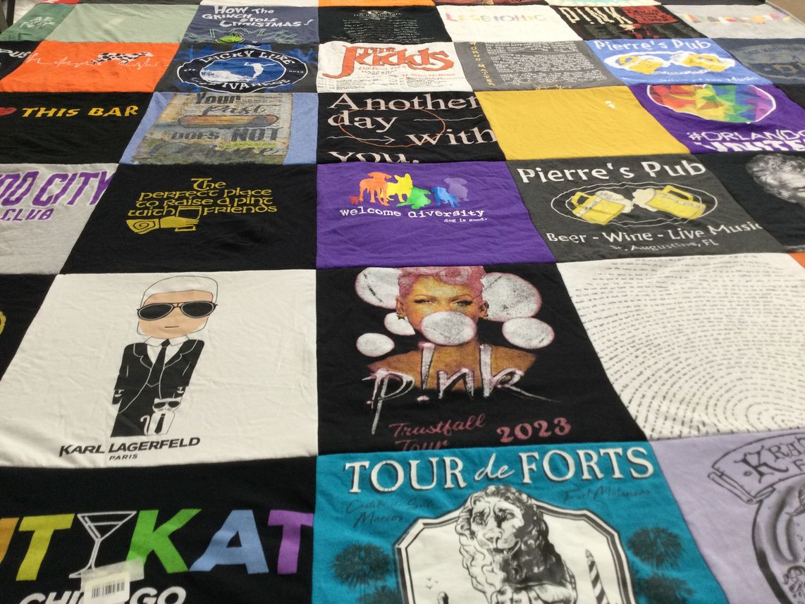 T-shirt quilt with beer, wine themes by Julie from FL