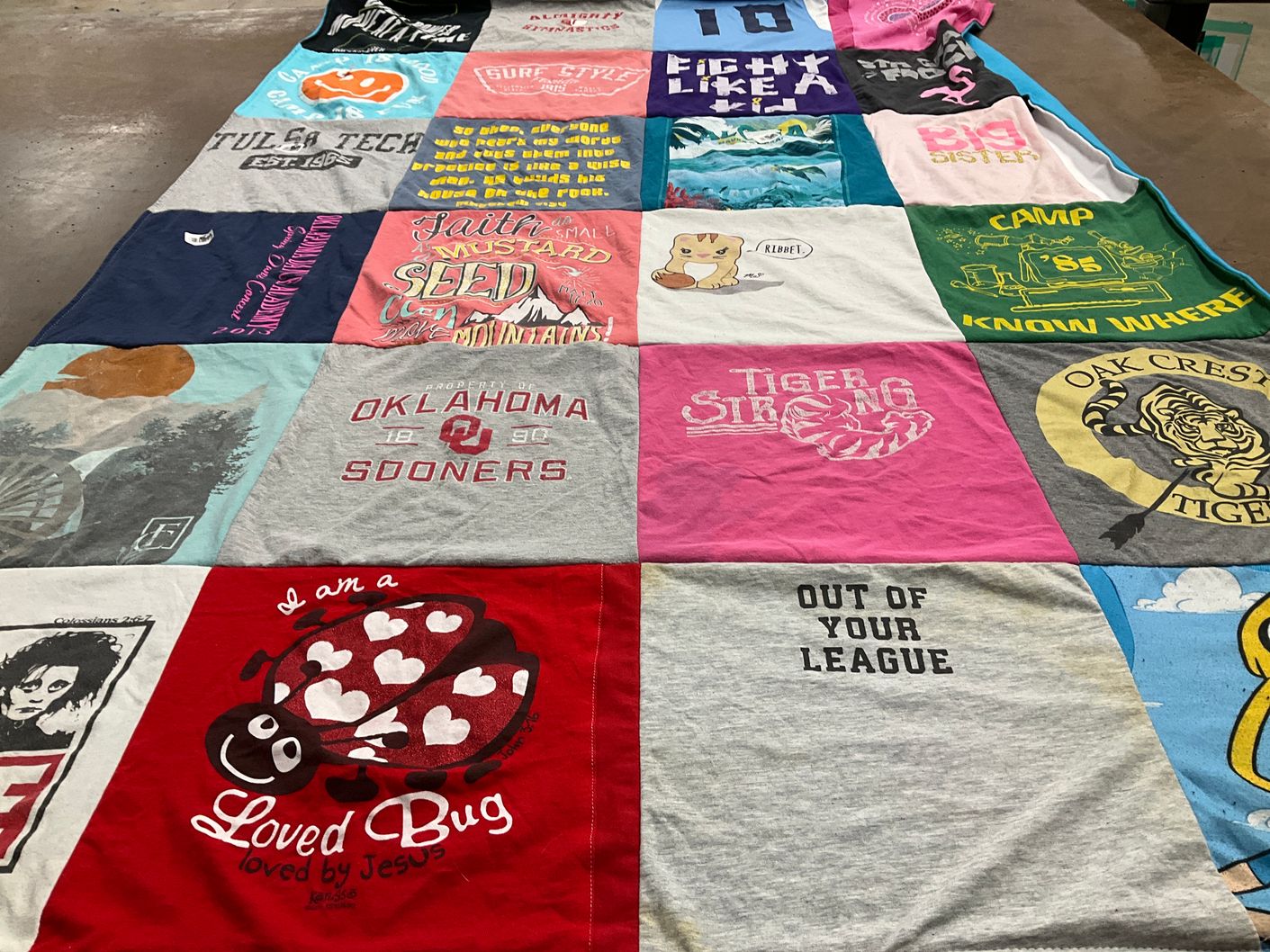 T-shirt quilt featuring oklahoma sooners, oak crest tigers by Brittany from OK