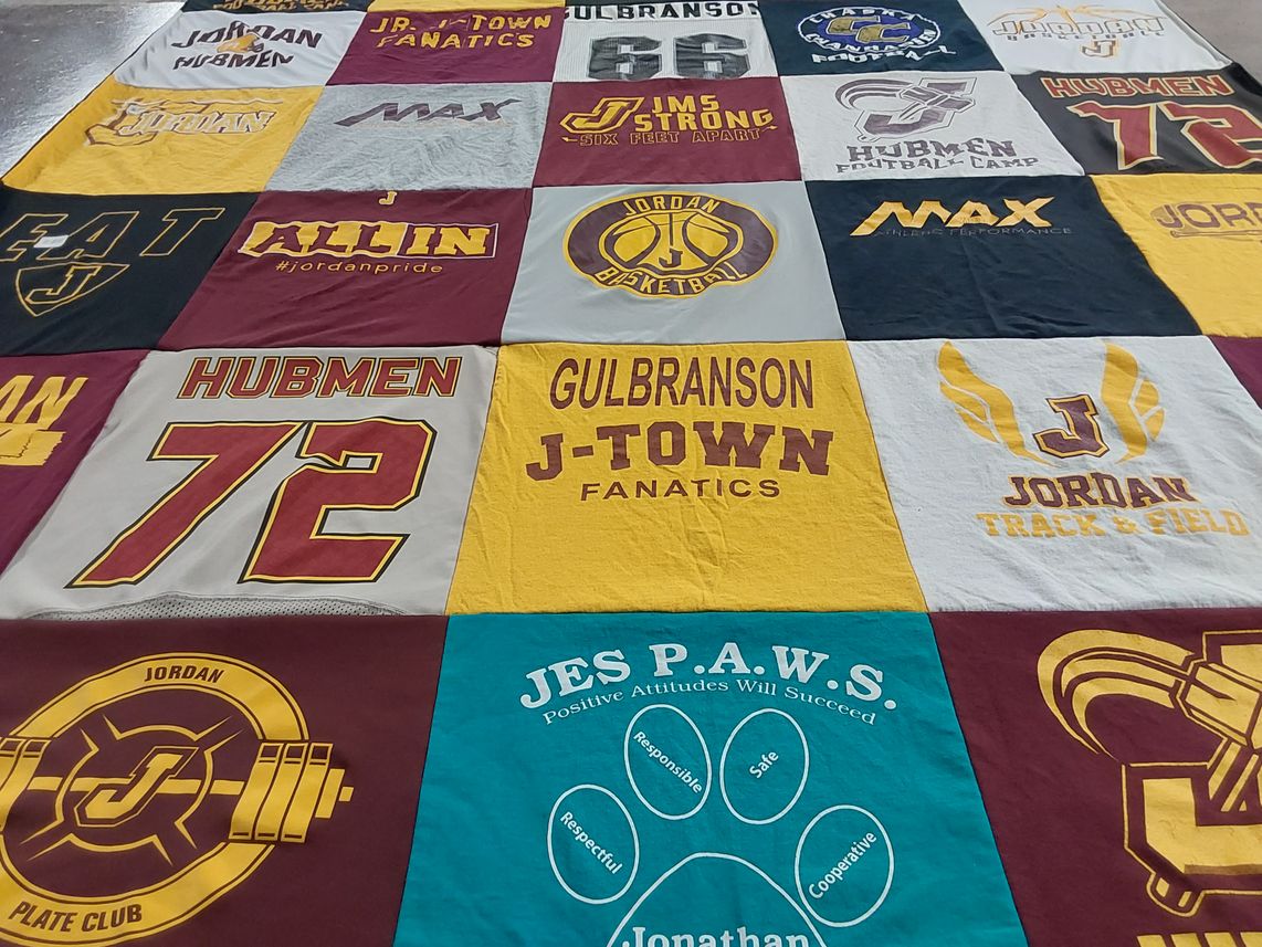 T-shirt quilt featuring jordan high school track and field, jordan hubmen basketball by Rose from MN