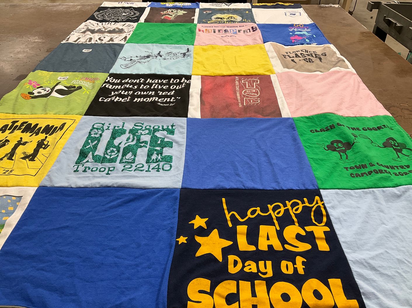 T-shirt quilt with camping, girl scouting themes by Jocelyn from NJ