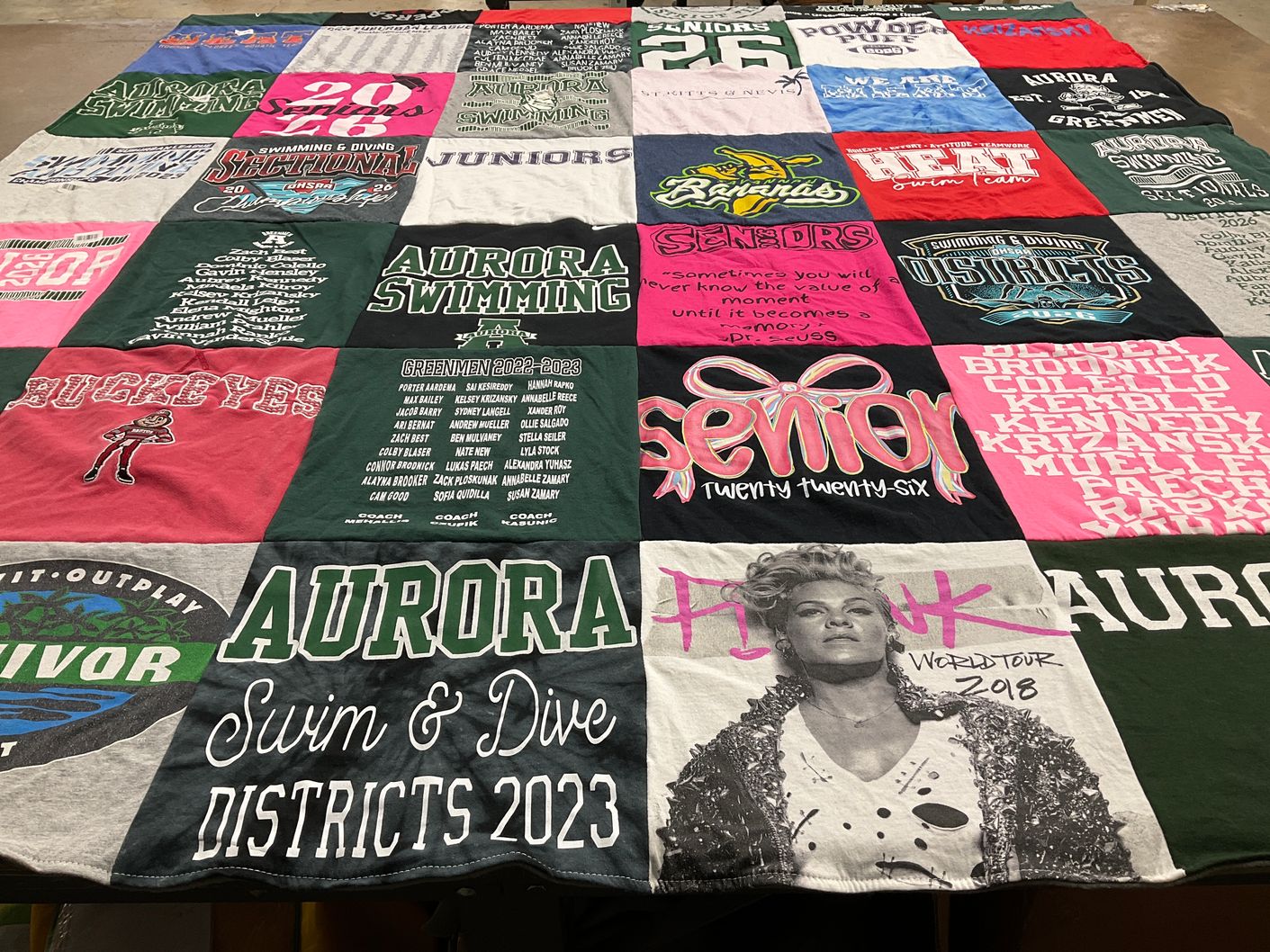 T-shirt quilt featuring aurora swim and dive team by Laurie from OH