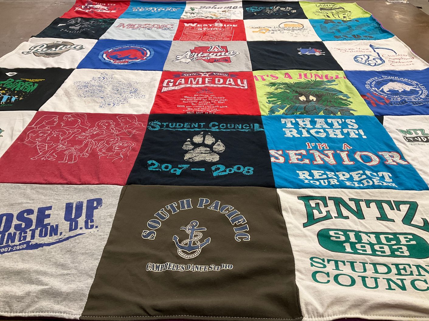 T-shirt quilt with school activities, student government themes by Mina from AZ
