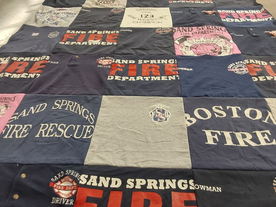T-shirt quilt with firefighting, rescue themes by Sharolyn from OK