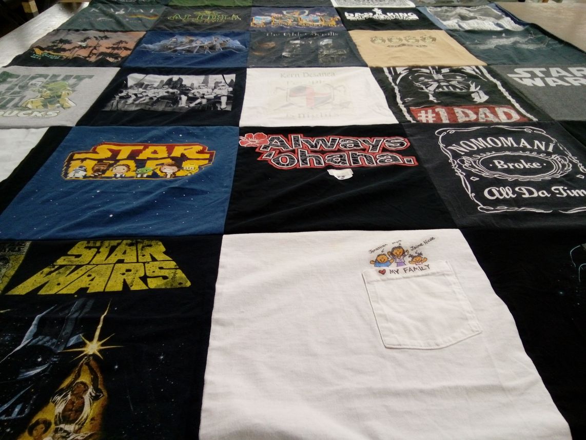 T-shirt quilt with star wars, disney themes by Myra from HI