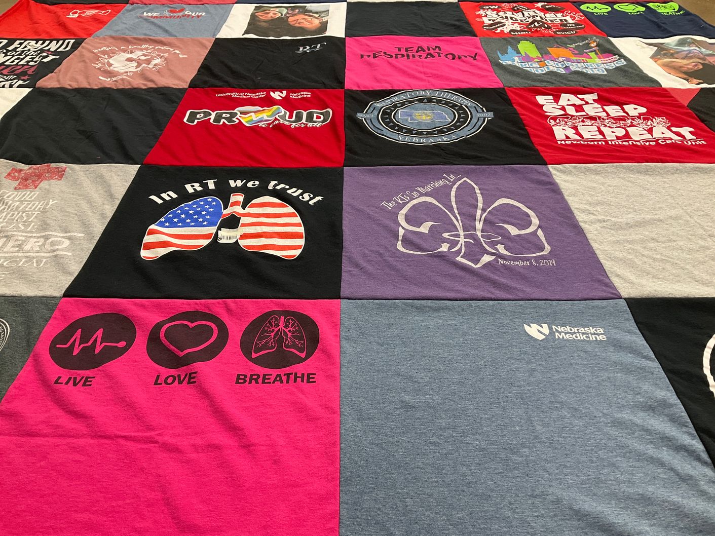 T-shirt quilt with healthcare, respiratory therapy themes by sally from NE