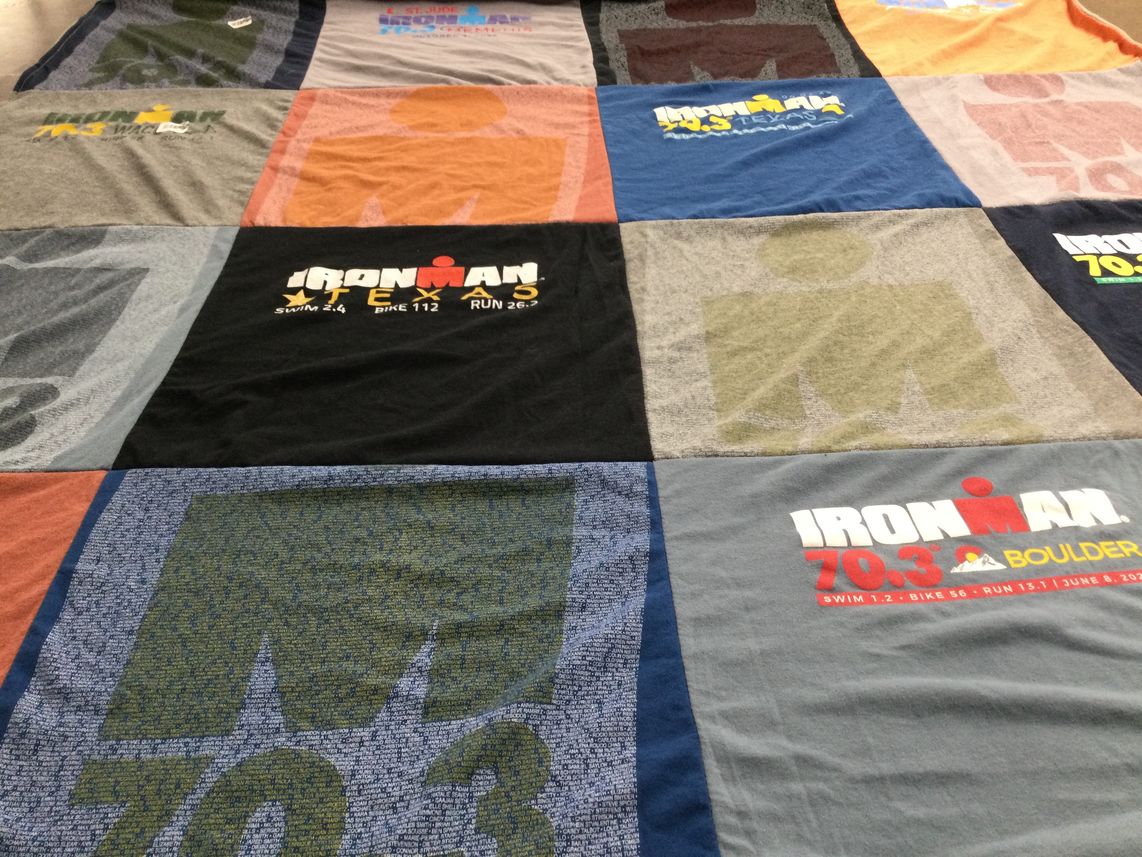 T-shirt quilt with triathlon themes by Larry from TX