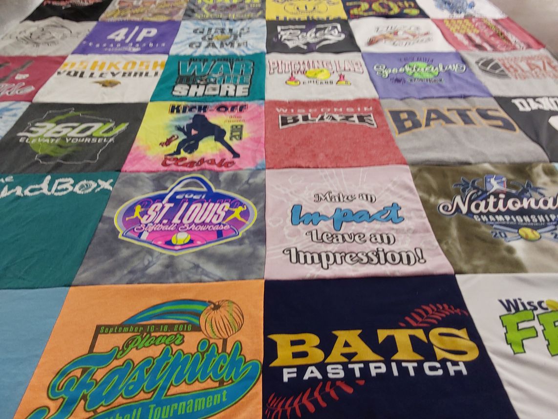 T-shirt quilt featuring bats fastpitch by Jennifer from WI