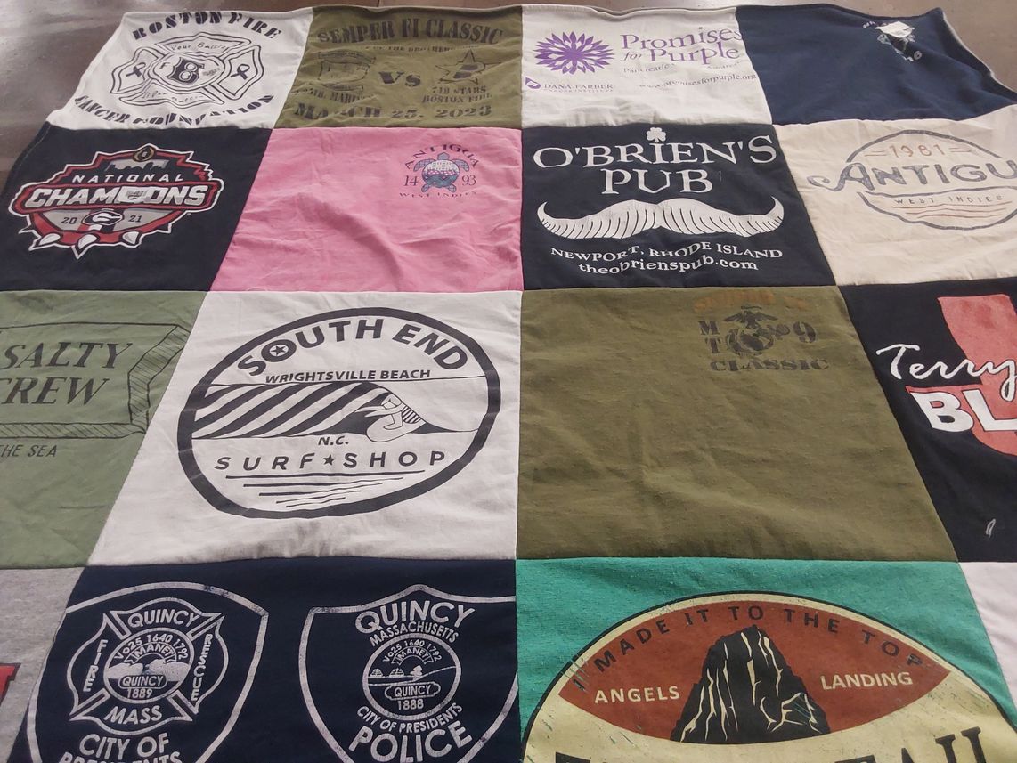 T-shirt quilt with beach, surfing themes by Rachel from MA