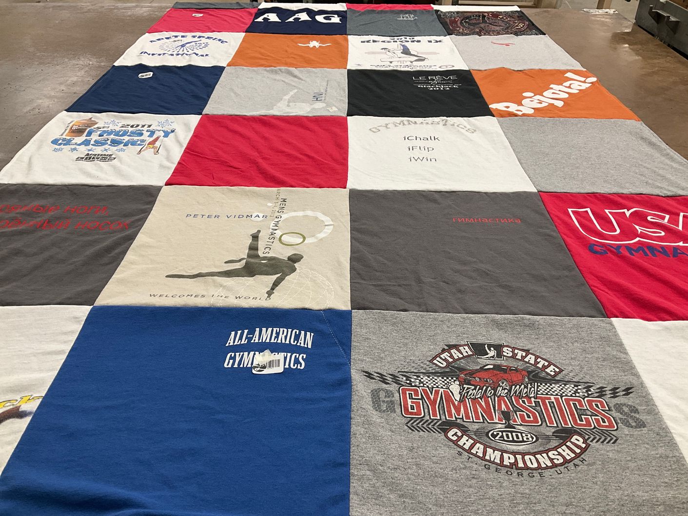 T-shirt quilt with gymnastics themes by Dawn from UT