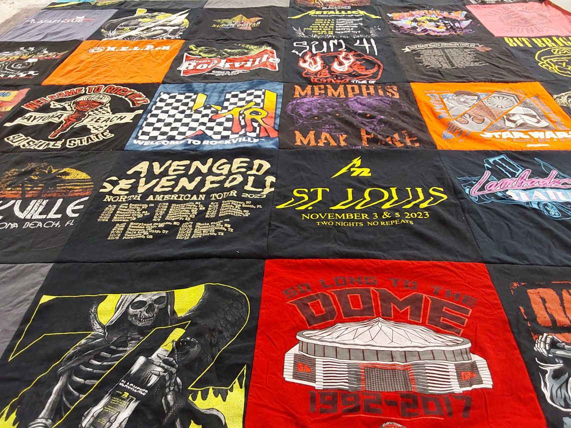 T-shirt quilt with music, concerts themes by Adam from FL