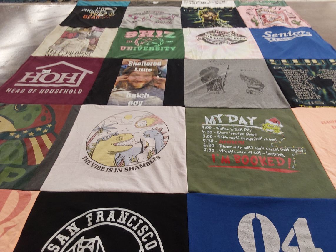 T-shirt quilt with humor, nostalgia themes by Gabrielle from OR