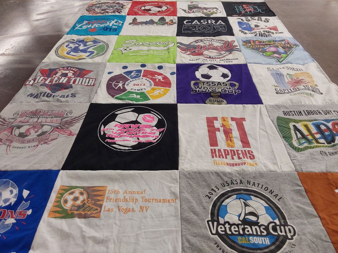 T-shirt quilt with sports, soccer themes by Cilla from TX