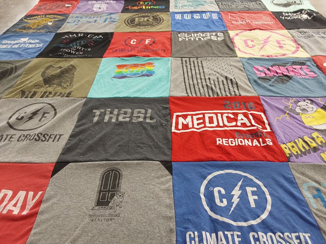T-shirt quilt with fitness, crossfit themes by Samantha from NE