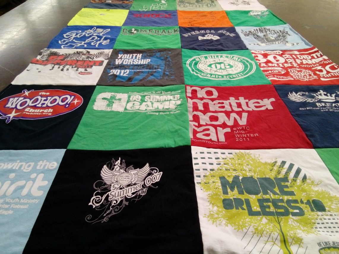 T-shirt quilt with youth ministry, church activities themes by Debi from TX
