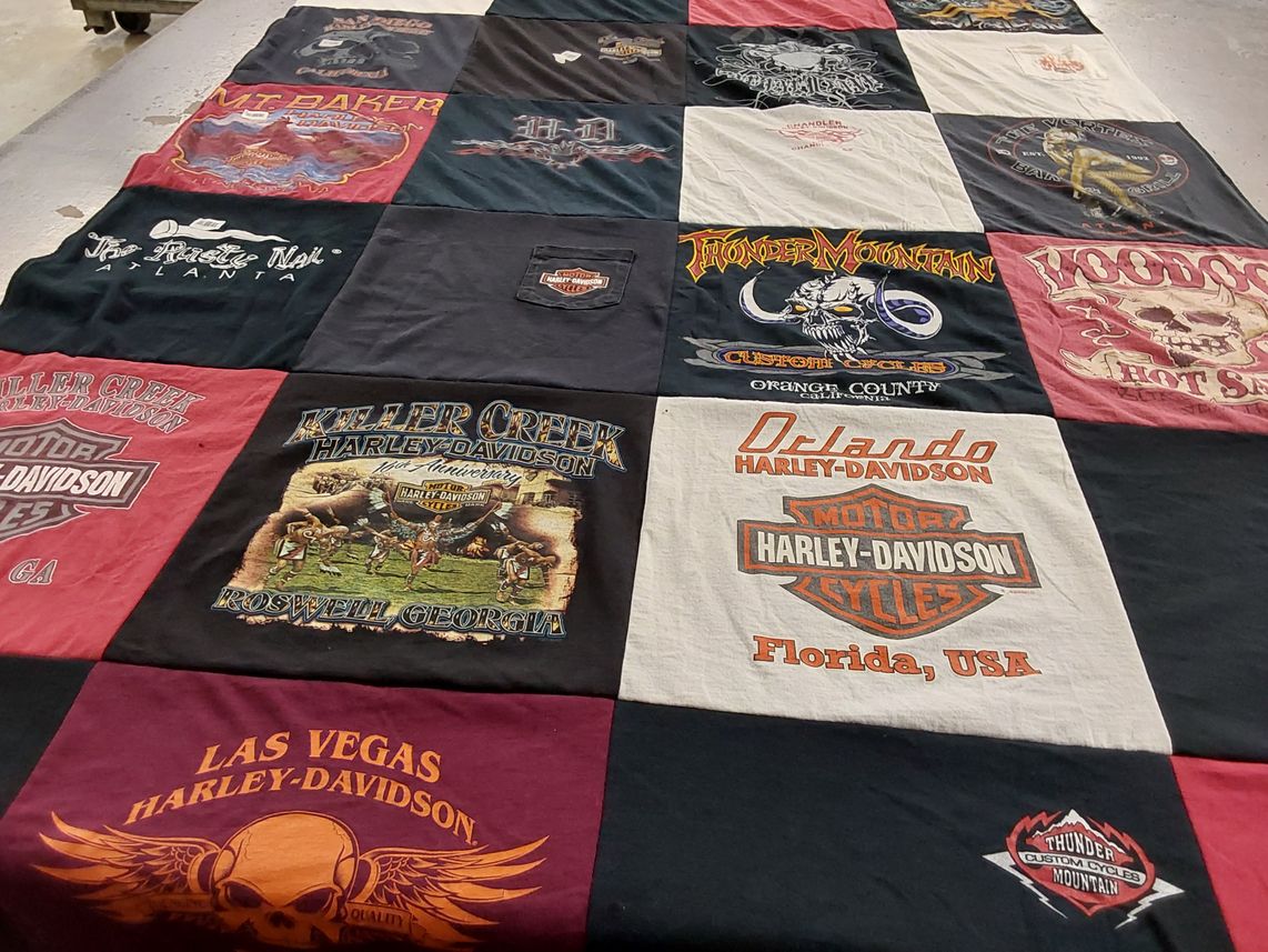 T-shirt quilt with motorcycles, biking themes by Stacy from SC