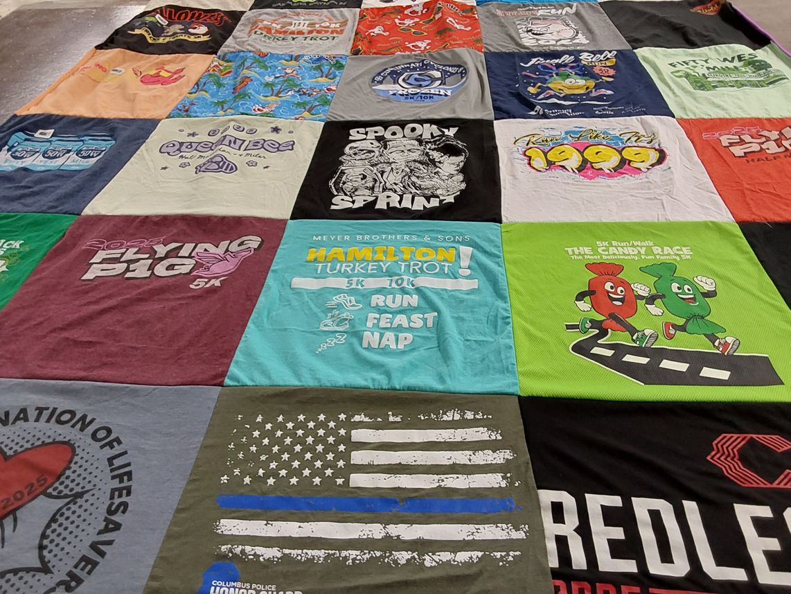 T-shirt quilt with running, fitness themes by Leslyann from IN