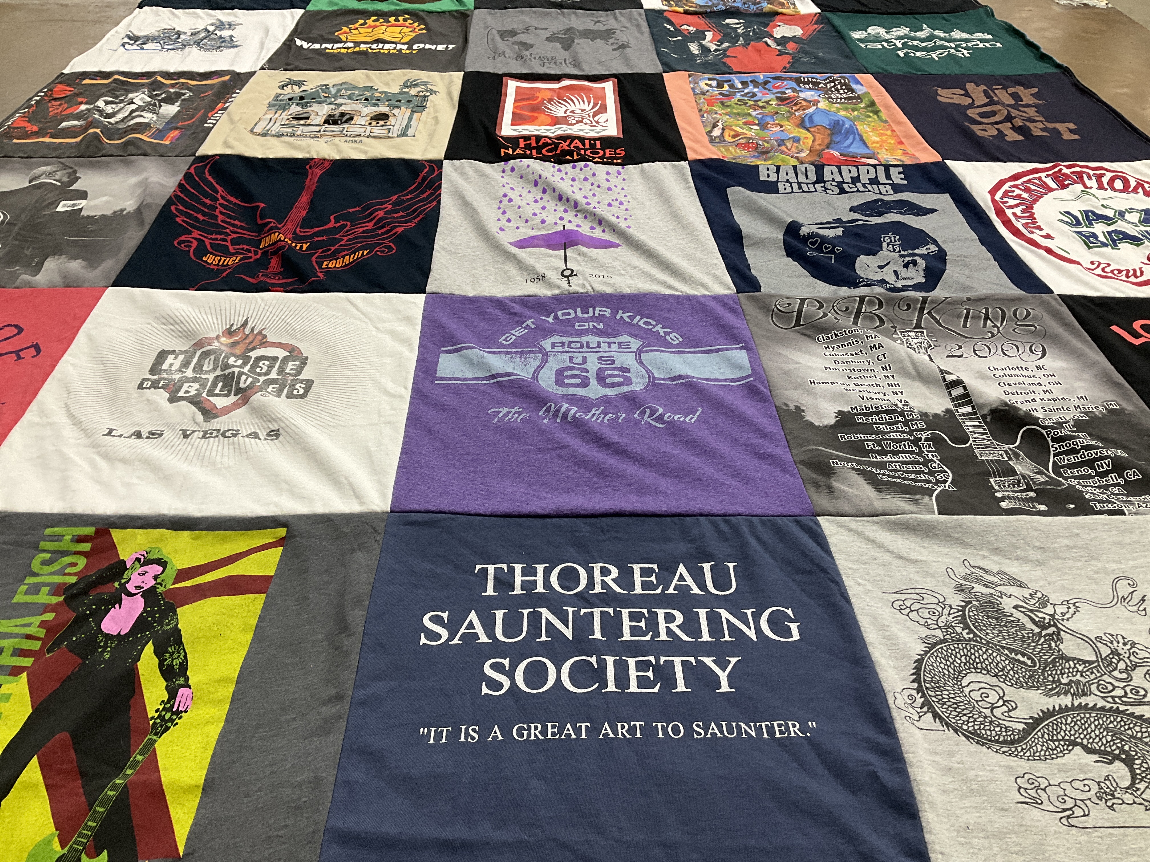 T-shirt quilt with music, travel themes by Amy from WV