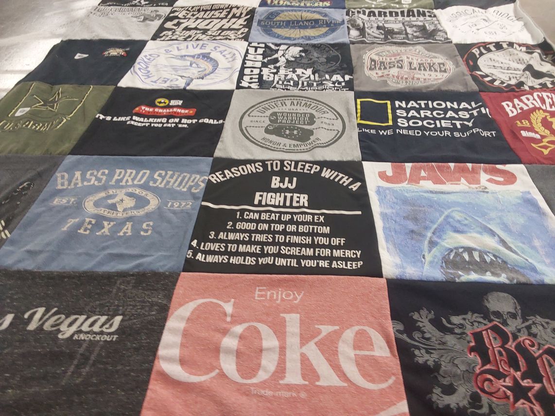 T-shirt quilt with fishing, bjj themes by Jennifer from AR