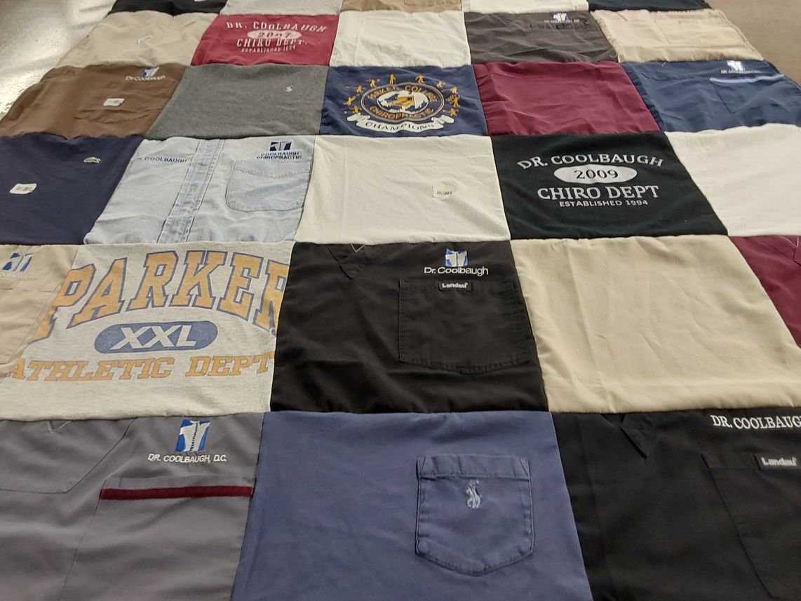 T-shirt quilt with chiropractic, athletics themes by Jennifer from AR