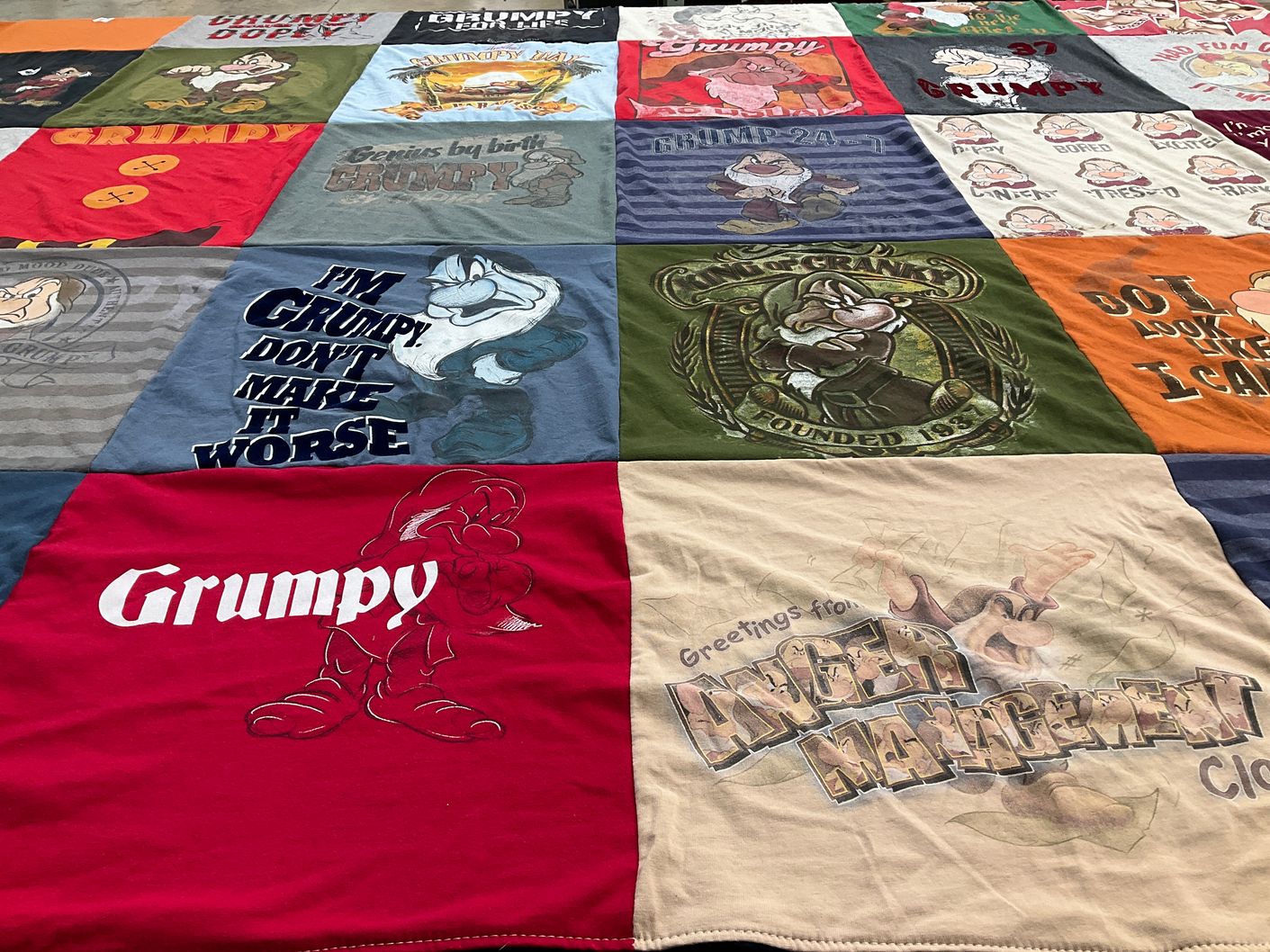 T-shirt quilt with cartoons, comedy themes by Linda from FL