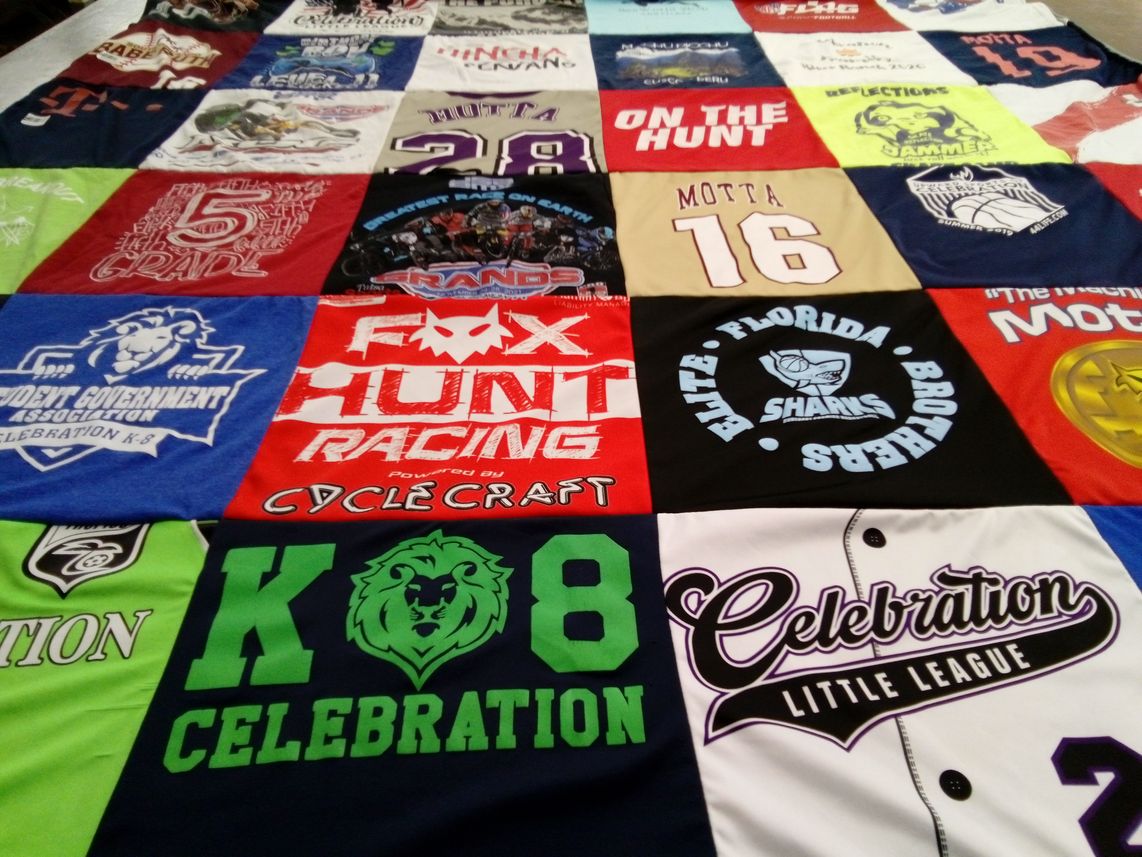 T-shirt quilt featuring celebration little league, celebration sharks by Natalia from FL