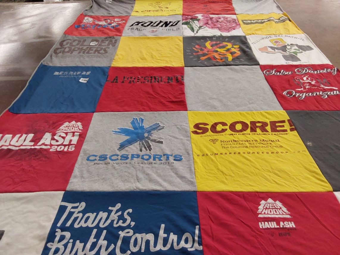 T-shirt quilt with sports, dancing themes by Taylor from MN