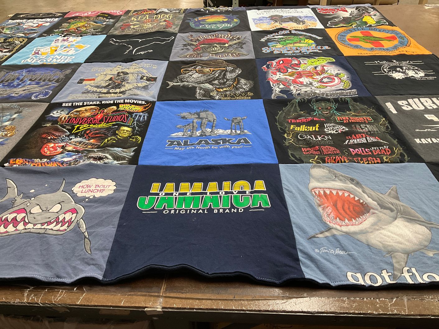 T-shirt quilt with marine life, sharks themes by Felicia from VA