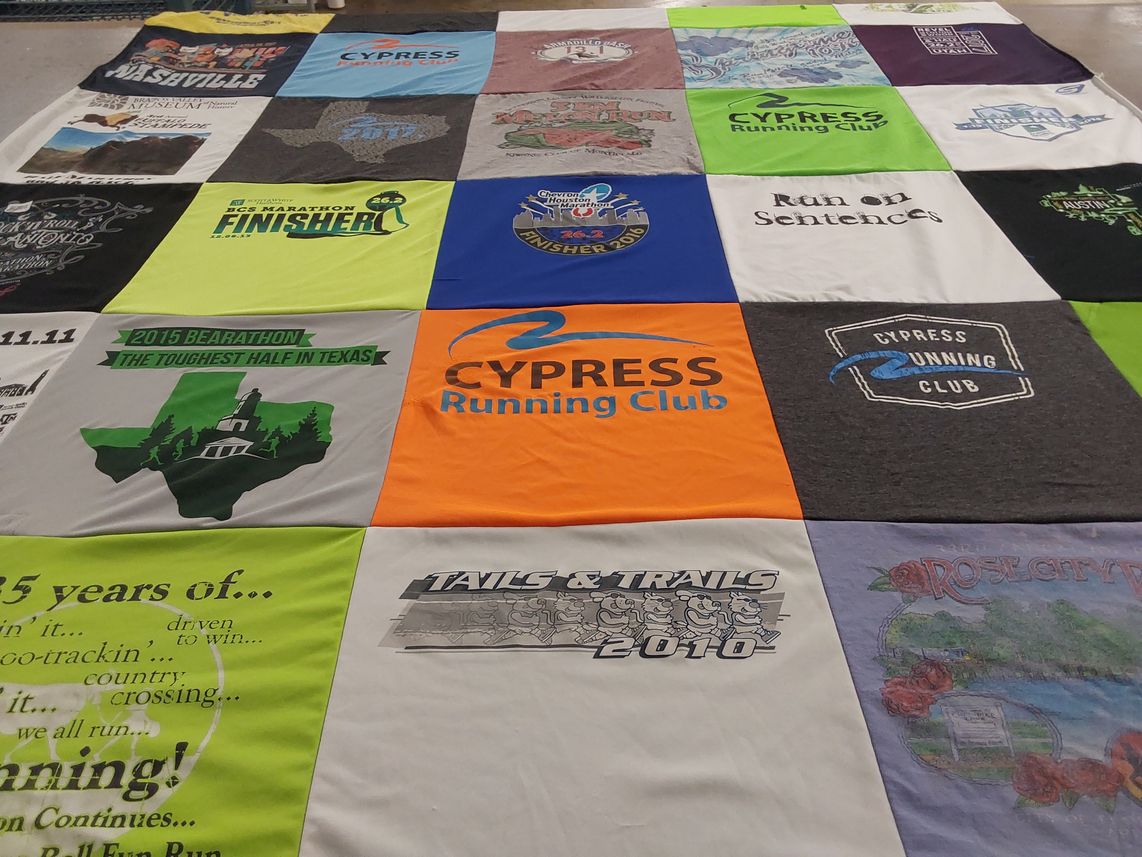 T-shirt quilt with running, races themes by Nancy from TX