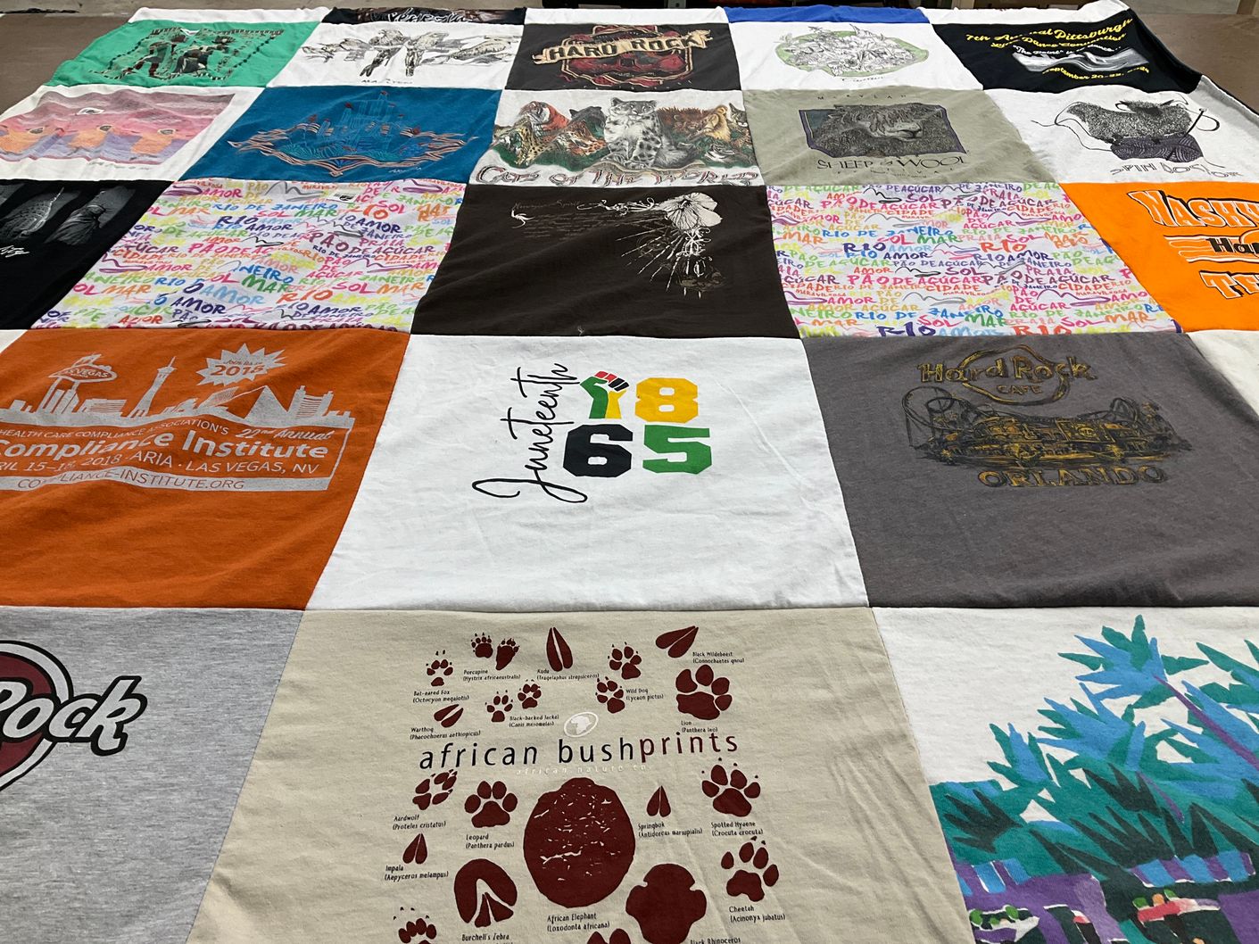 T-shirt quilt with travel, music themes by Carmen from PA
