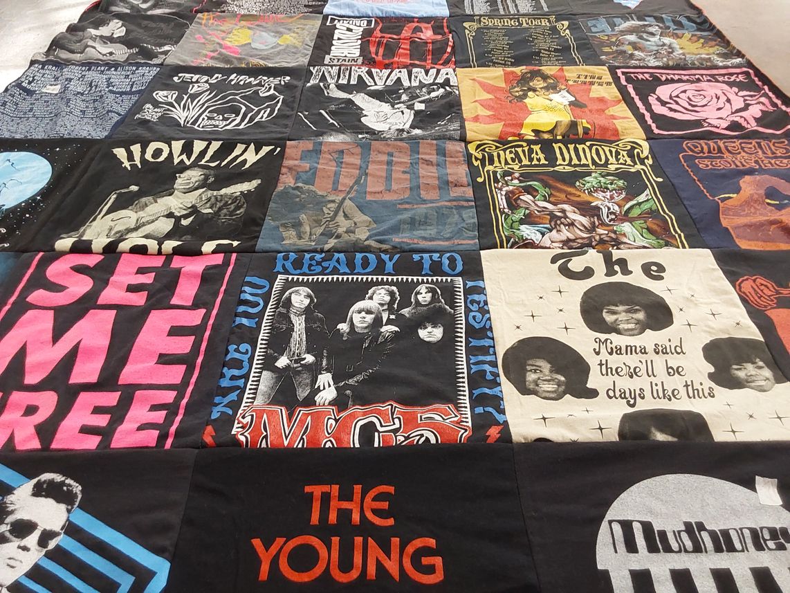 T-shirt quilt with music, rock themes by Devin from NE