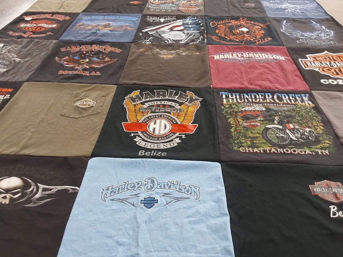 T-shirt quilt with motorcycles, biking themes by Melanie from FL