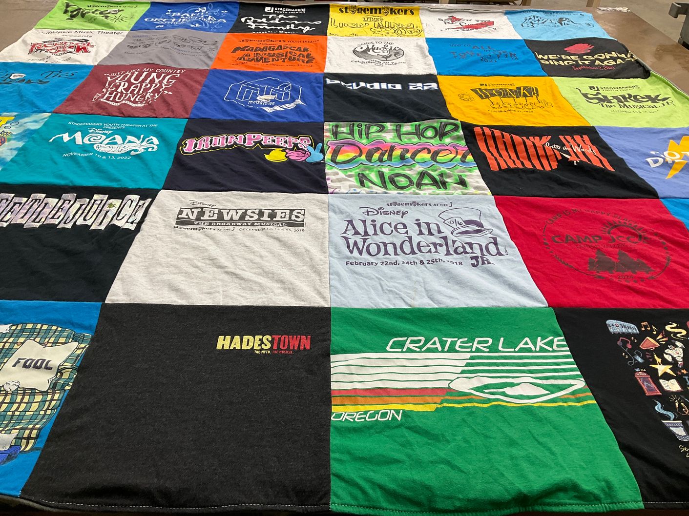 T-shirt quilt with theater, musicals themes by Amy from PA