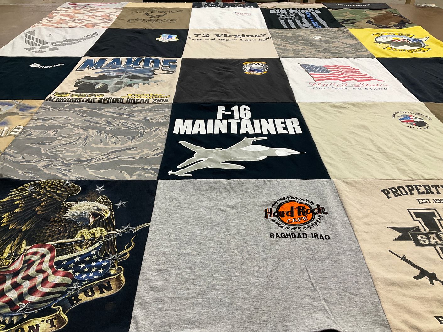 T-shirt quilt with military, aviation themes by Kristine from FL