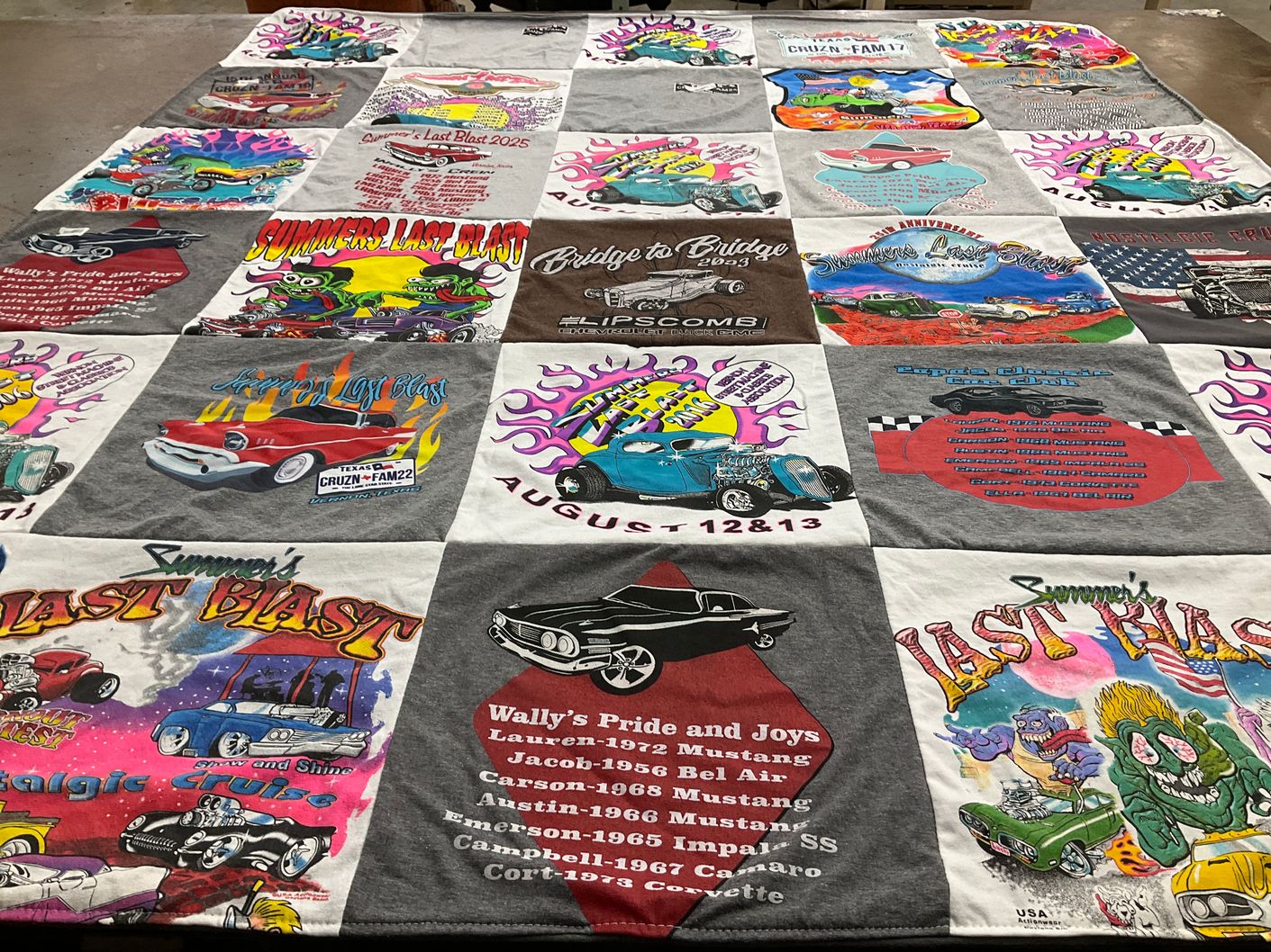 T-shirt quilt with cars, car shows themes by Sandy from TX
