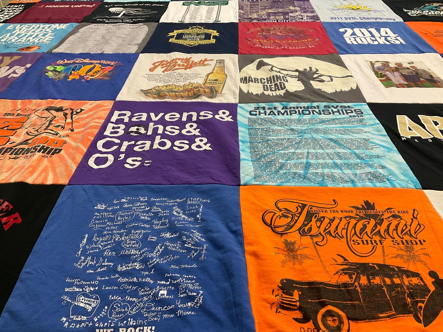 T-shirt quilt with sports, surfing themes by Carolyn M from VA