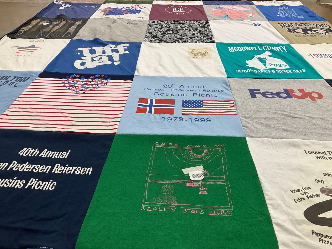 T-shirt quilt with picnics, reunions themes by Suzanne from NC