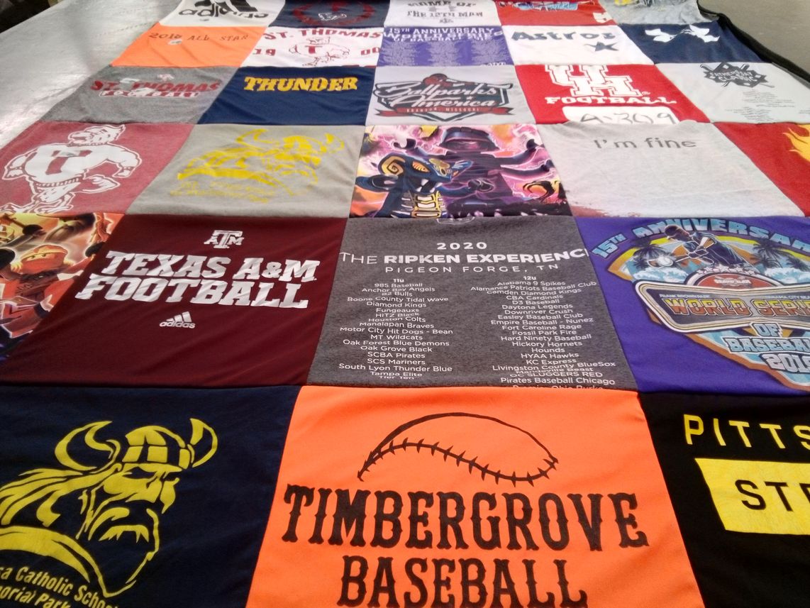 T-shirt quilt featuring st. thomas catholic school football, timbergrove baseball by Larisa from TX