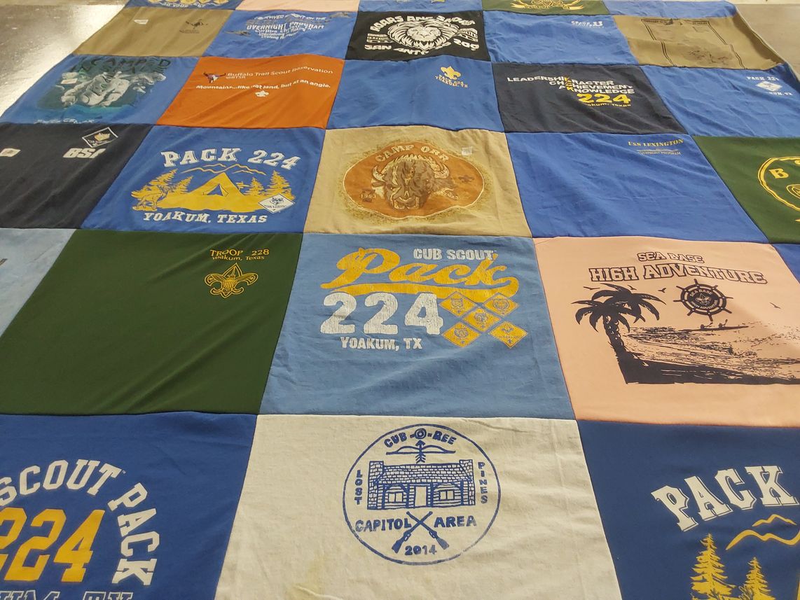 T-shirt quilt with scouting, outdoor activities themes by Michelle from TX