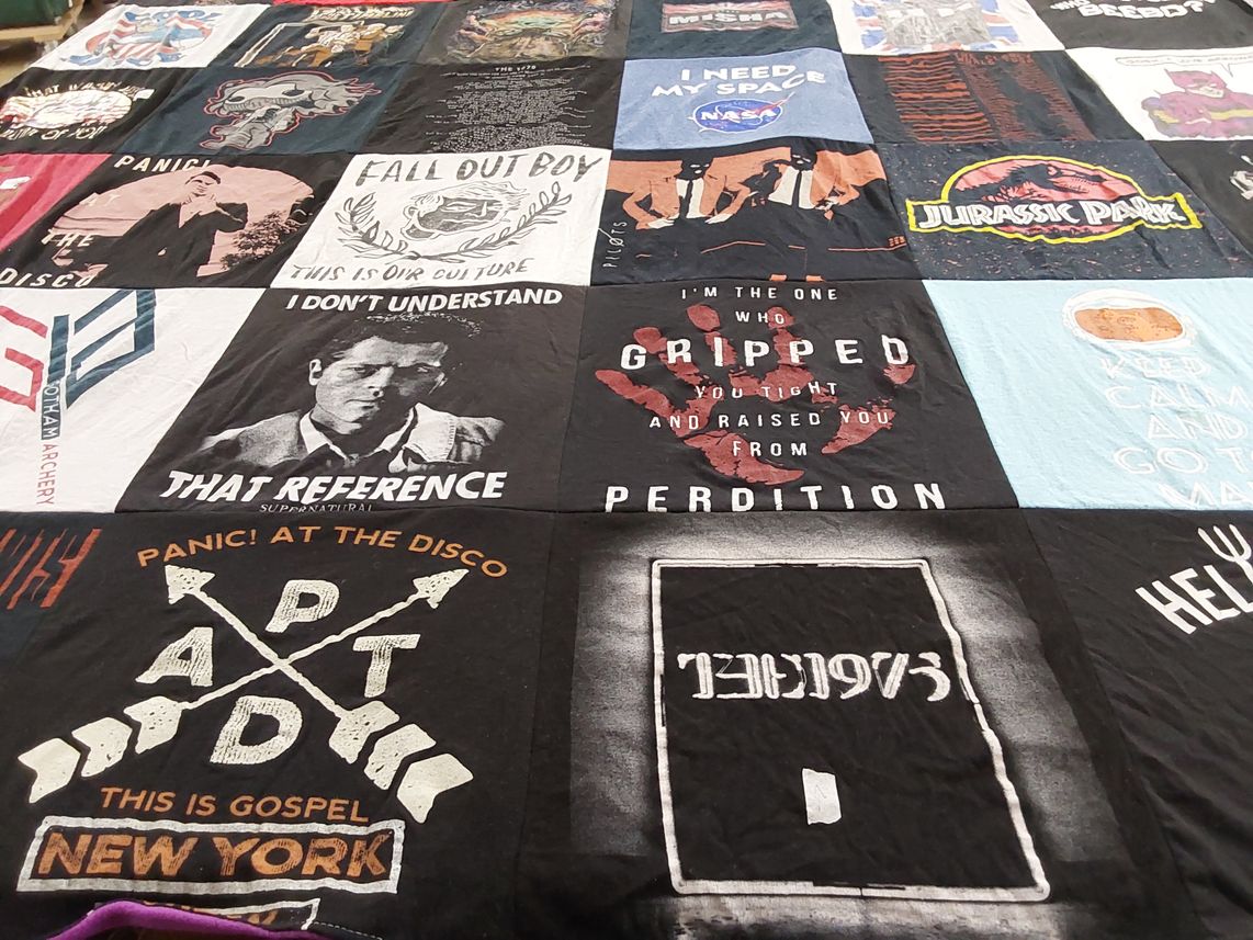 T-shirt quilt with music, bands themes by Erica from MD