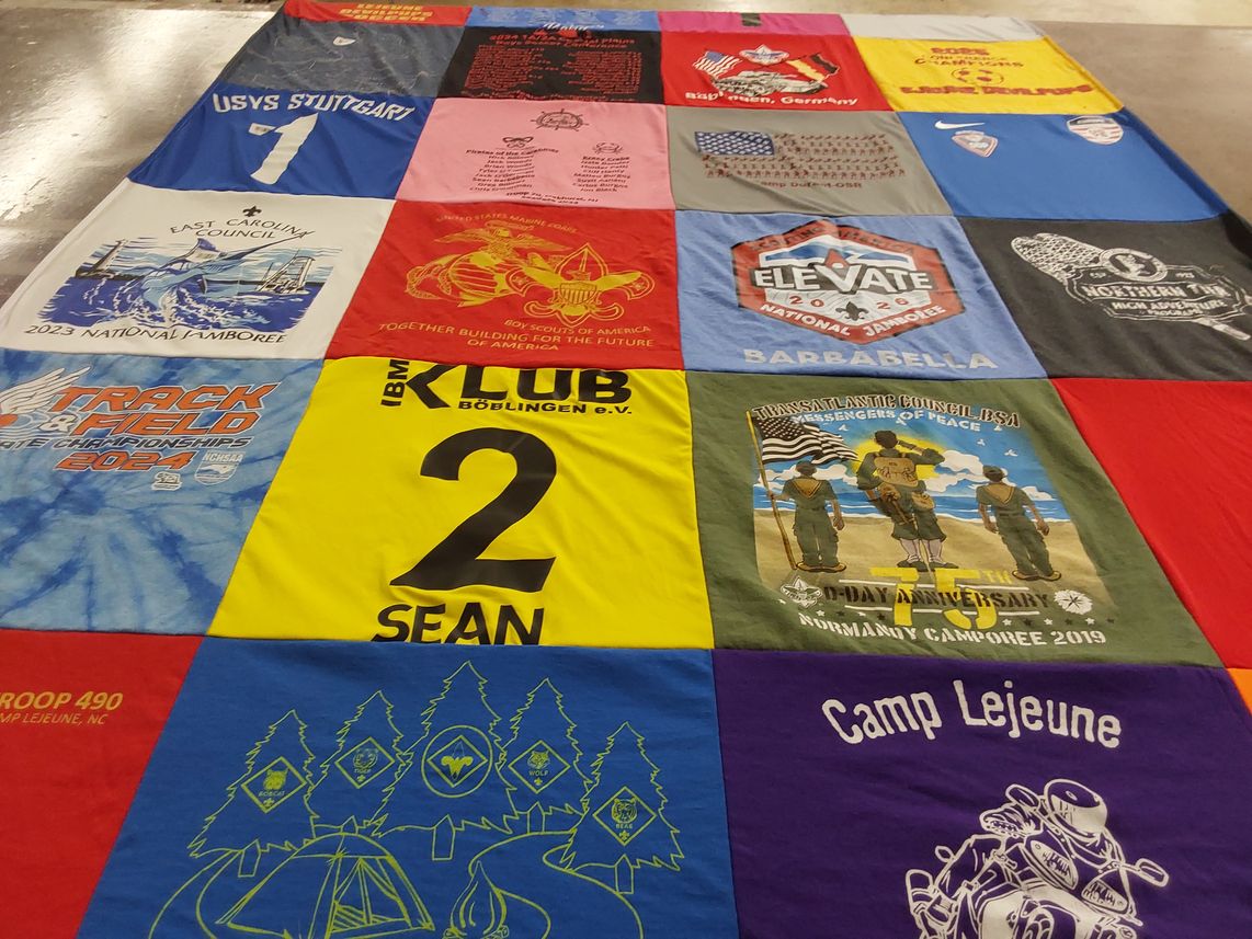 T-shirt quilt with scouting, sports themes by Stacey from NC