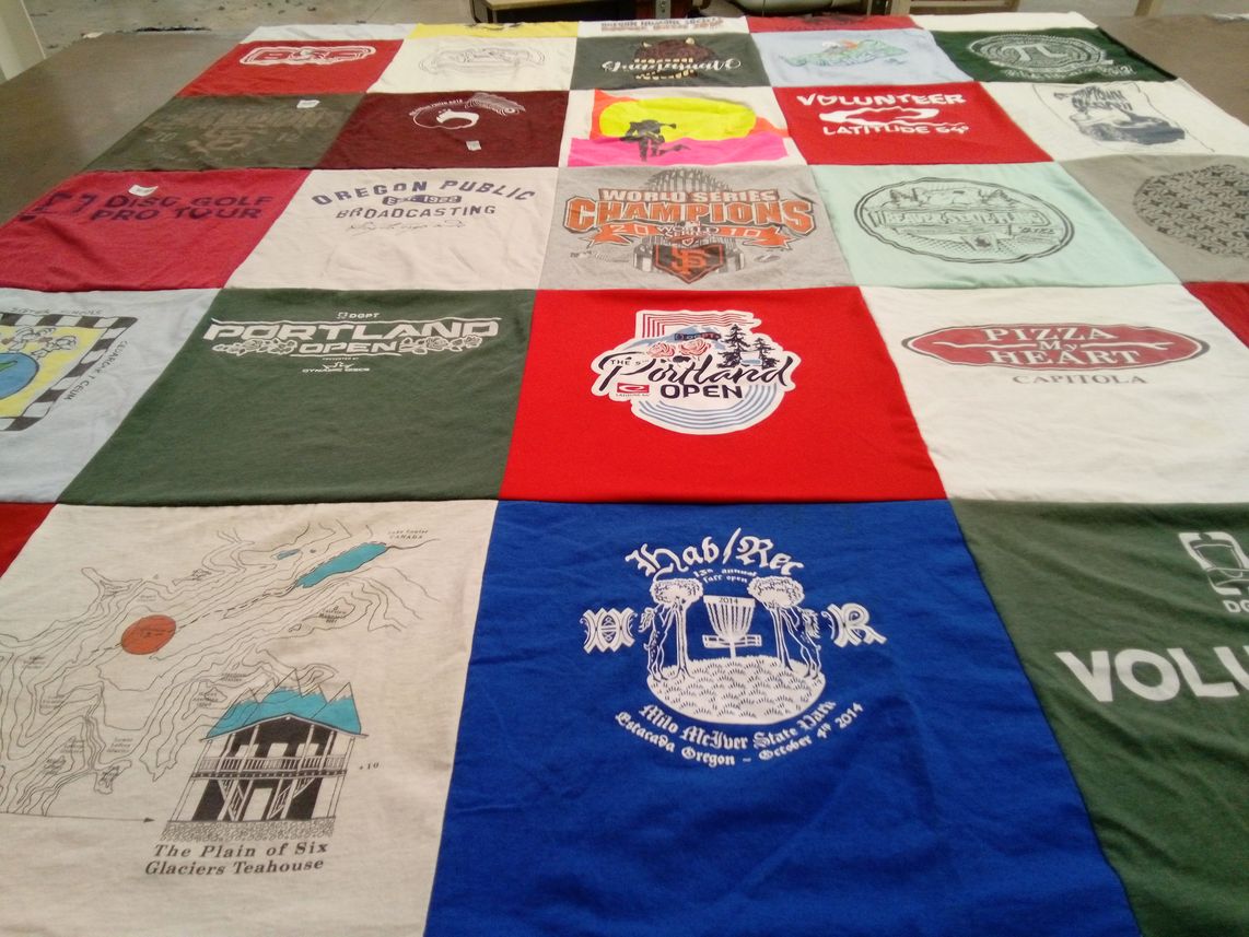 T-shirt quilt with disc golf themes by David from OR