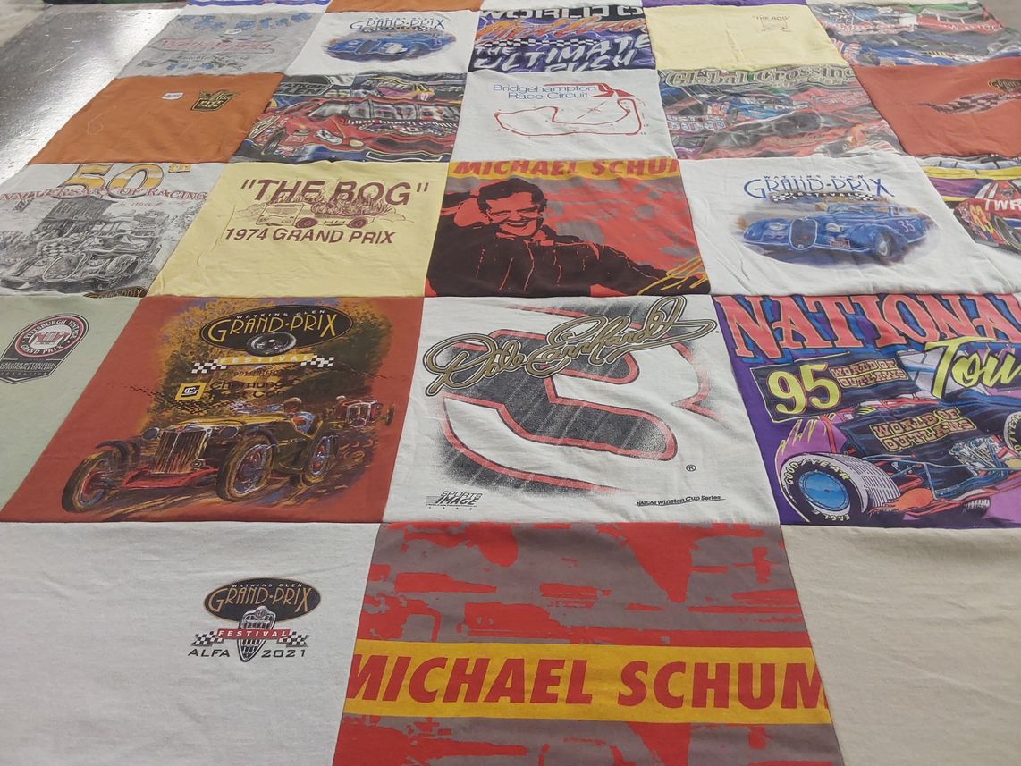 T-shirt quilt with motorsports, car racing themes by Loretta from NY