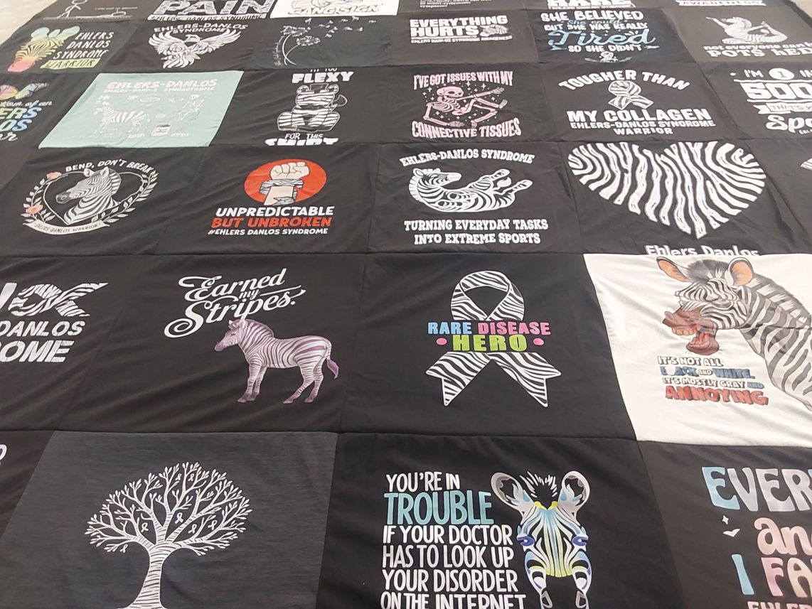 T-shirt quilt with ehlers danlos syndrome awareness, rare disease awareness themes by Kristina from WI