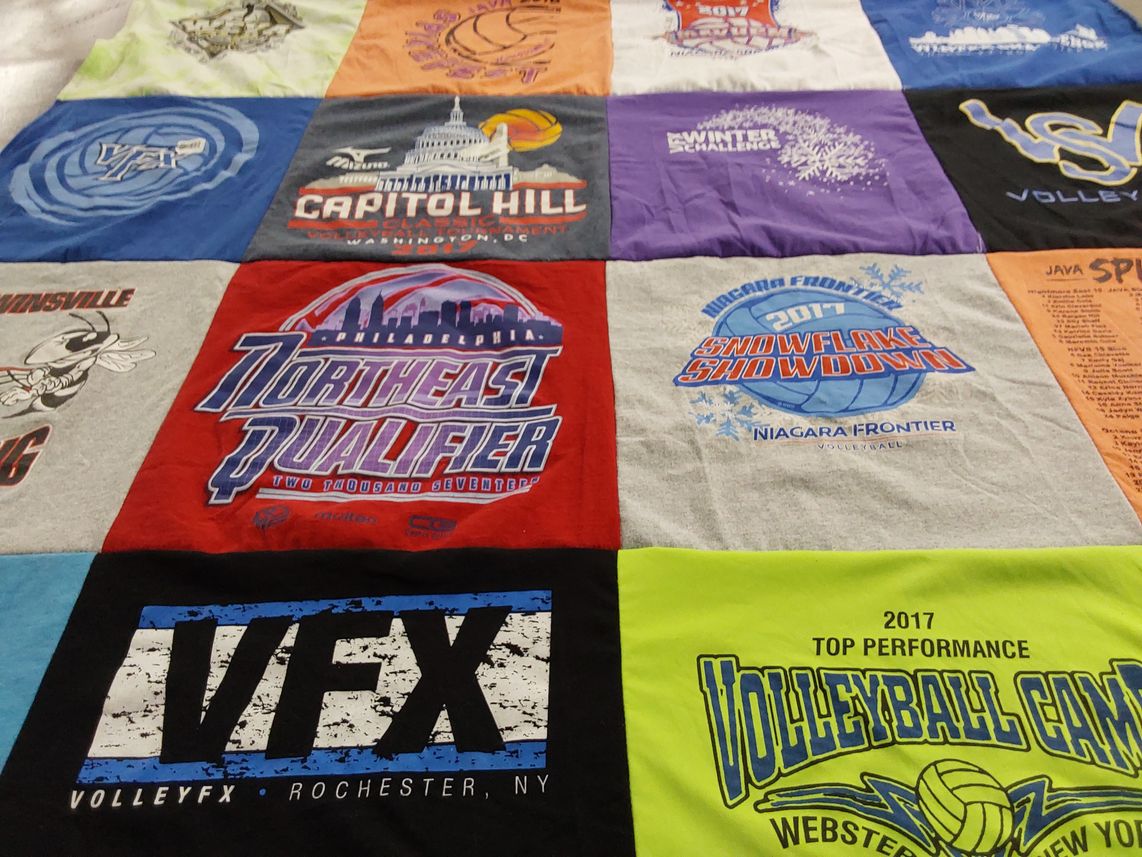 T-shirt quilt with volleyball, sports themes by Fiona from NY