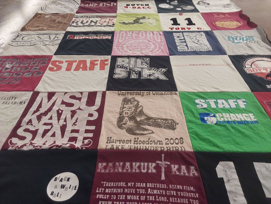 T-shirt quilt from missouri state university, university of oklahoma by Janet from OK