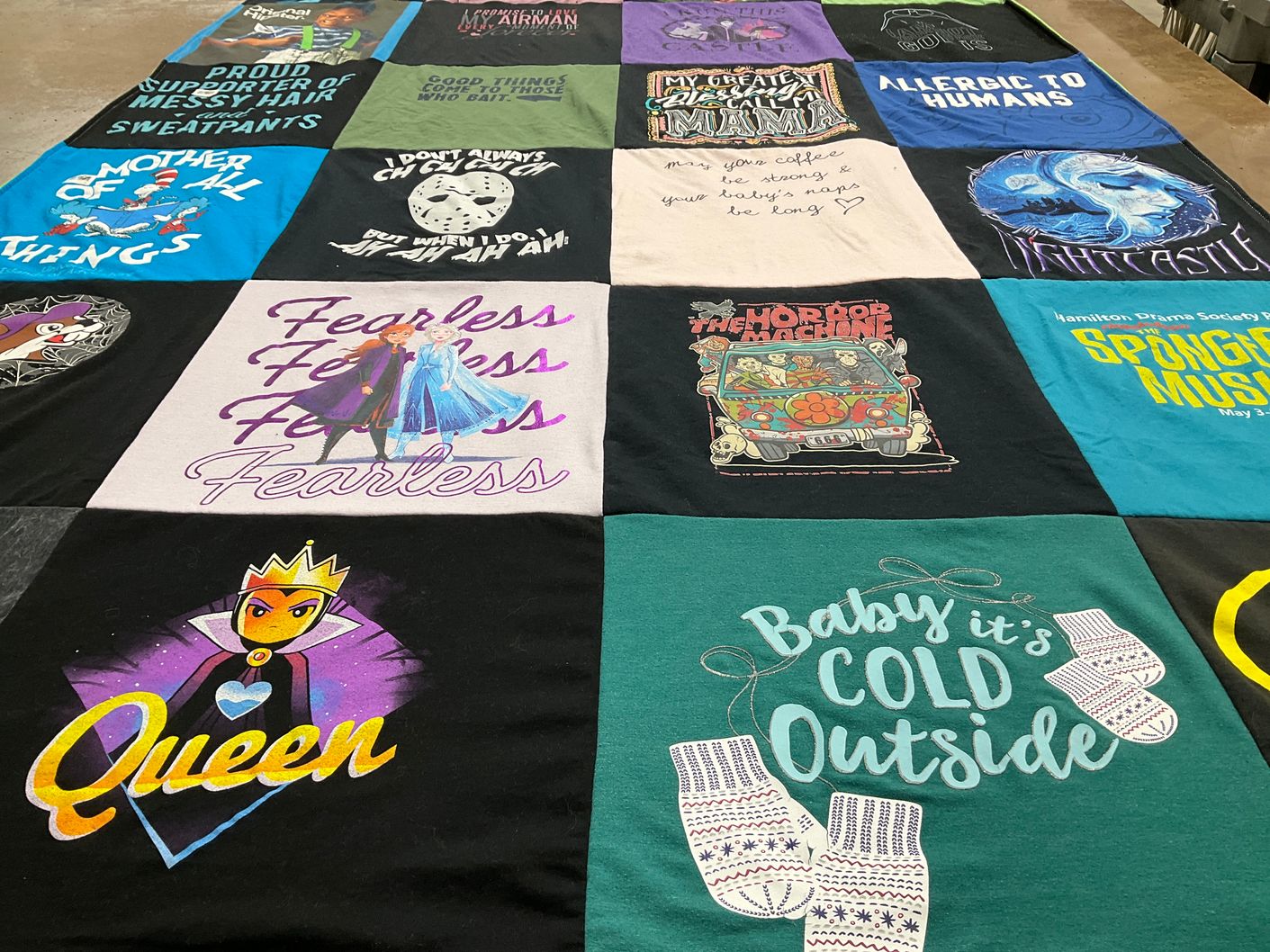 T-shirt quilt with drama, music themes by Katrina from WI
