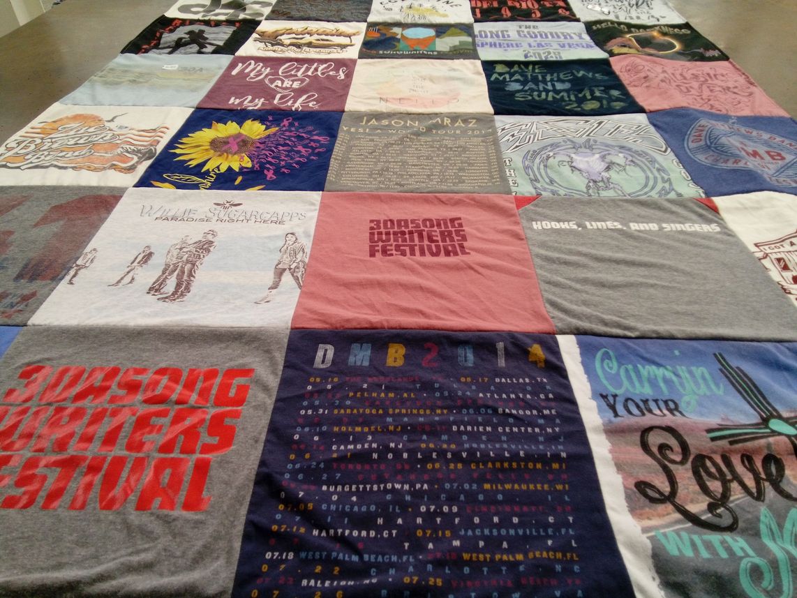 T-shirt quilt with music, festivals themes by Laura from TX