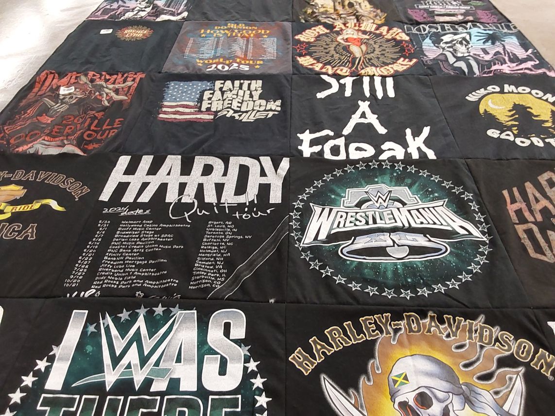 T-shirt quilt with music, wrestling themes by Scott from MA