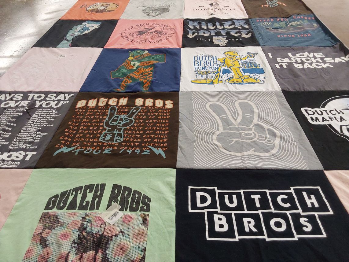 T-shirt quilt with coffee, culture themes by Joan from WA